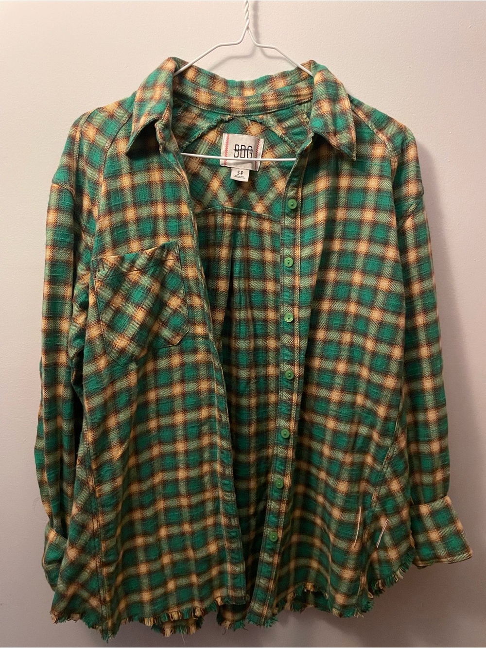 BDG Green and Tan Plaid Button-Up Shirt